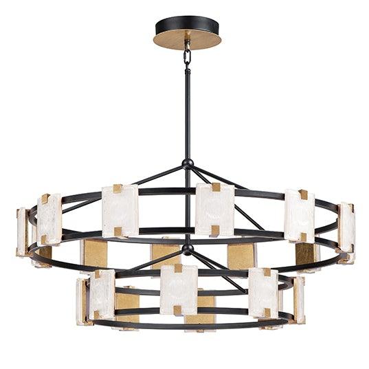LED Black and Gold Leaf with Piastra Style Glass 2 Tier Chandelier - LV LIGHTING