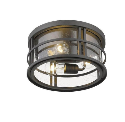 Aluminium with Clear Seedy Glass Shade Caged Round Outdoor Flush Mount - LV LIGHTING