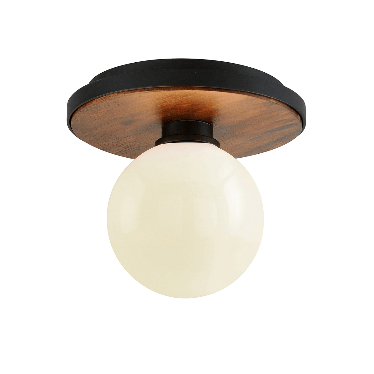 Black and Natural Acacia with White Glass Globe Flush Mount - LV LIGHTING