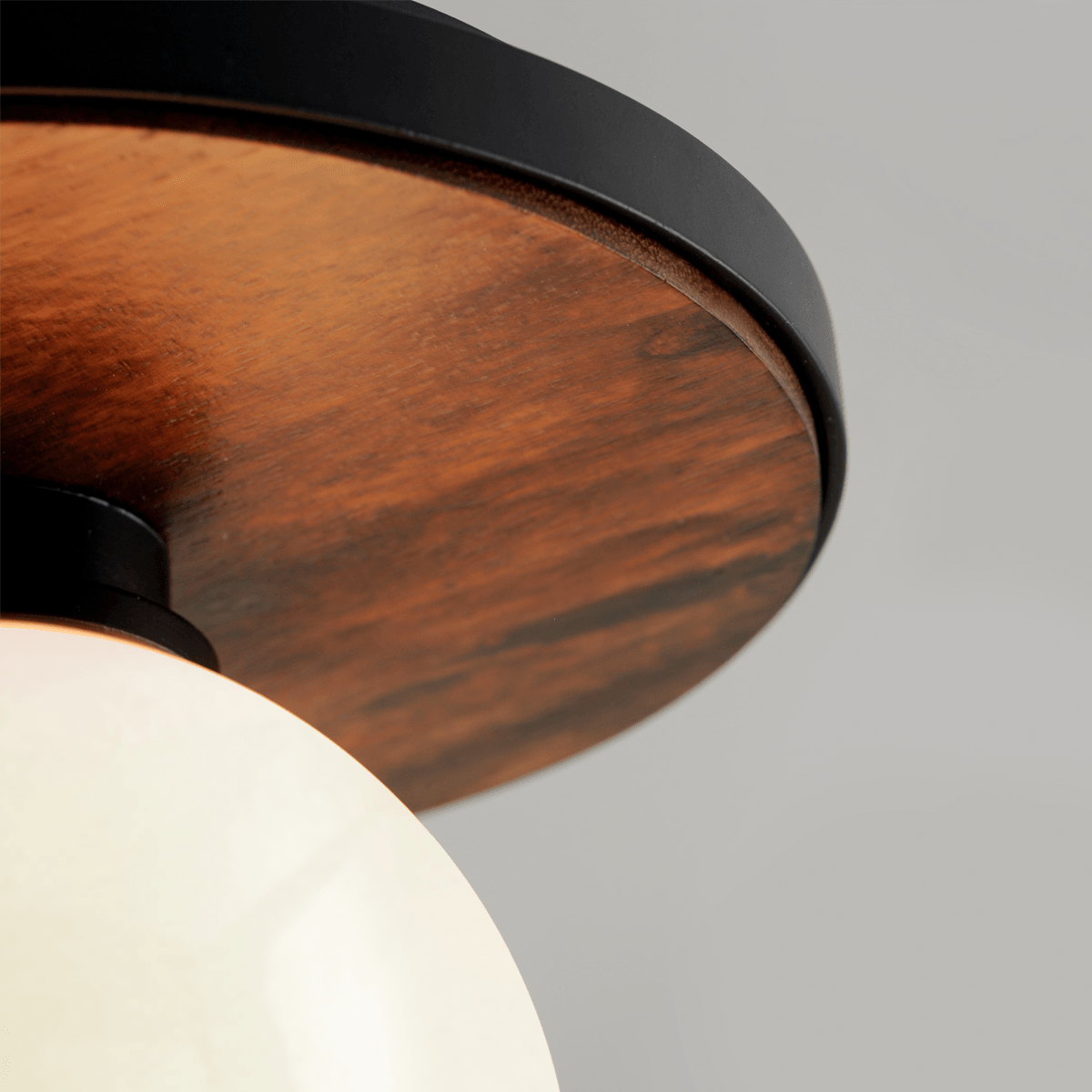 Black and Natural Acacia with White Glass Globe Flush Mount - LV LIGHTING