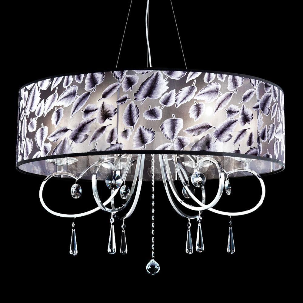Chrome with Leaf Fabric Shade and Crystal Chandelier - LV LIGHTING
