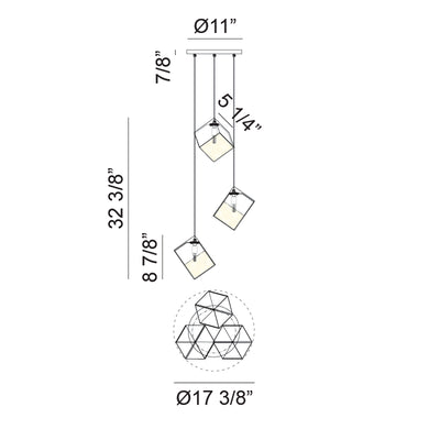 Steel Cube Frame with Glass Shade Multiple Pendant