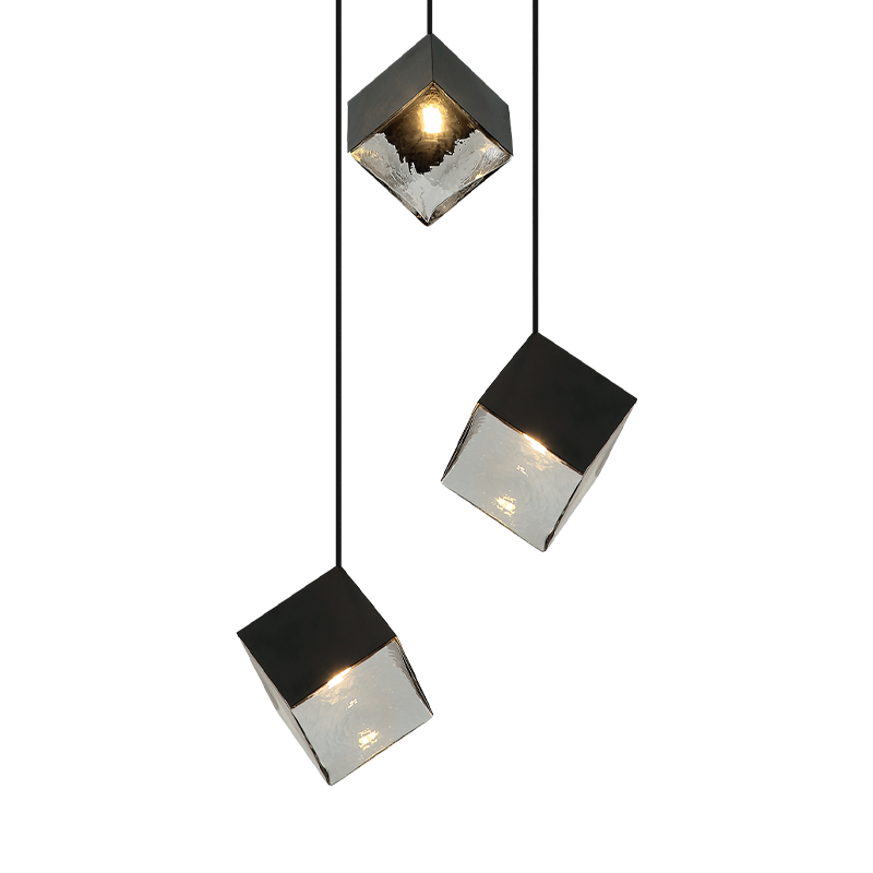 Steel Cube Frame with Glass Shade Multiple Pendant