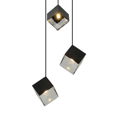 Steel Cube Frame with Glass Shade Multiple Pendant