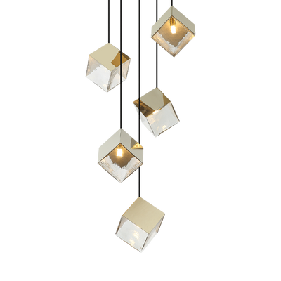 Steel Cube Frame with Glass Shade Multiple Pendant