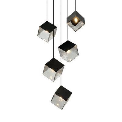 Steel Cube Frame with Glass Shade Multiple Pendant