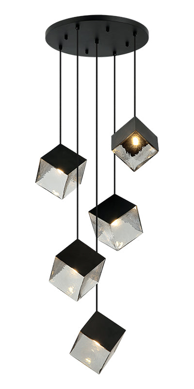 Steel Cube Frame with Glass Shade Multiple Pendant