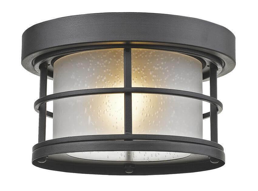 Aluminium with White Seedy Glass Shade Caged Round Outdoor Flush Mount - LV LIGHTING