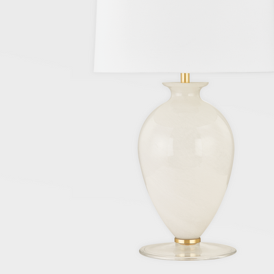 Aged Brass Frame with Cloud Glass Base and Cloud Linen Shade Table Lamp