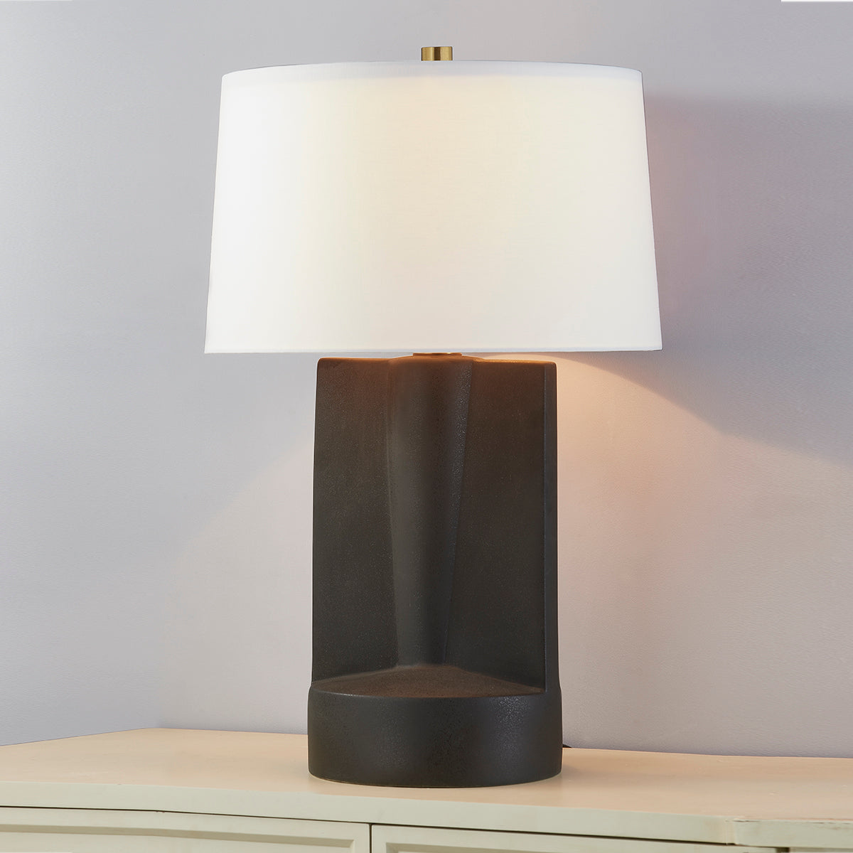 Dark Grey Textured Ceramic Base with Linen White Shade Table Lamp