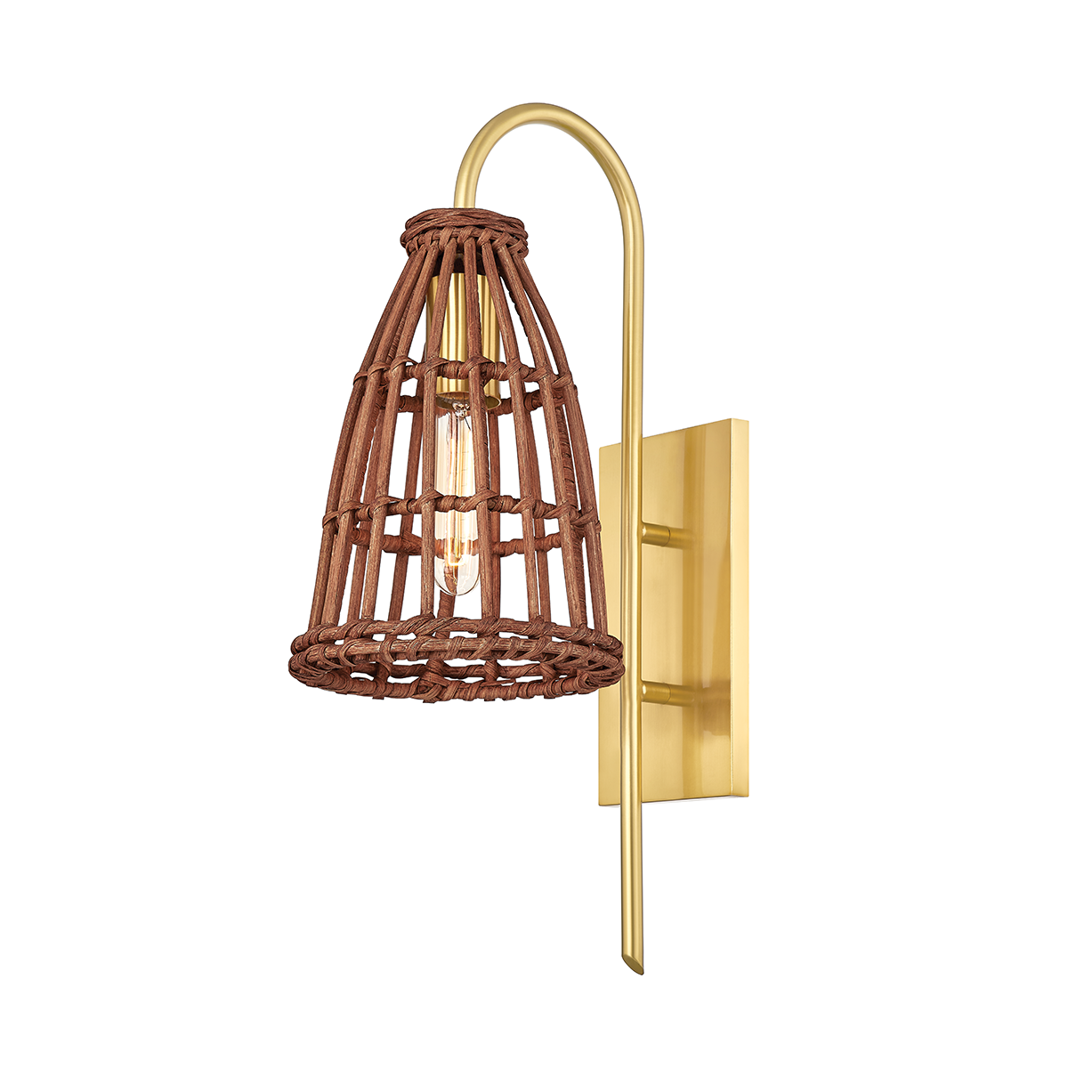 Aged Brass Frame with Natural Rattan Shade Wall Sconce