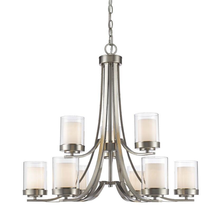 Clear with Frosted Shade and Steel Curved Arm Chandelier 9 Light - LV LIGHTING