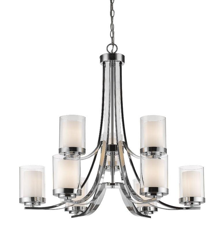 Clear with Frosted Shade and Steel Curved Arm Chandelier 9 Light - LV LIGHTING