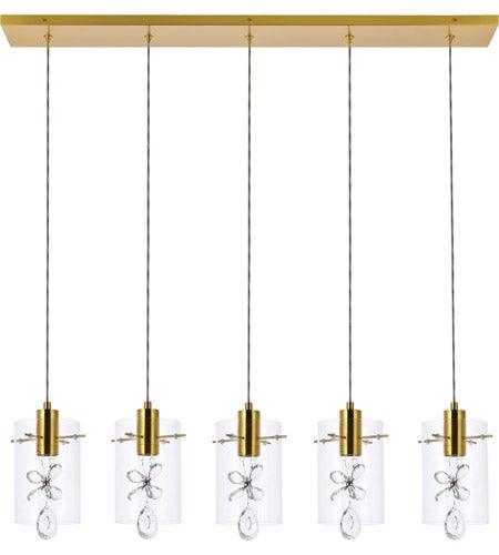 Gold with Crystal and Glass Shade Quintuple Pendant - LV LIGHTING