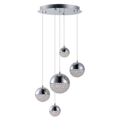 LED Polished Chrome with Crystal Globe Multiple Light Pendant - LV LIGHTING