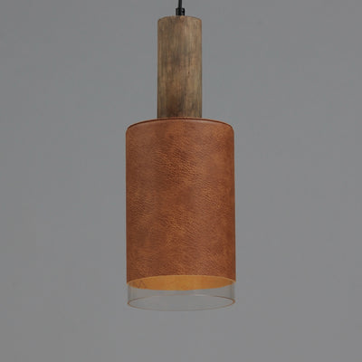 Weathered Wood and Tan Leather with Clear Glass Shade Pendant