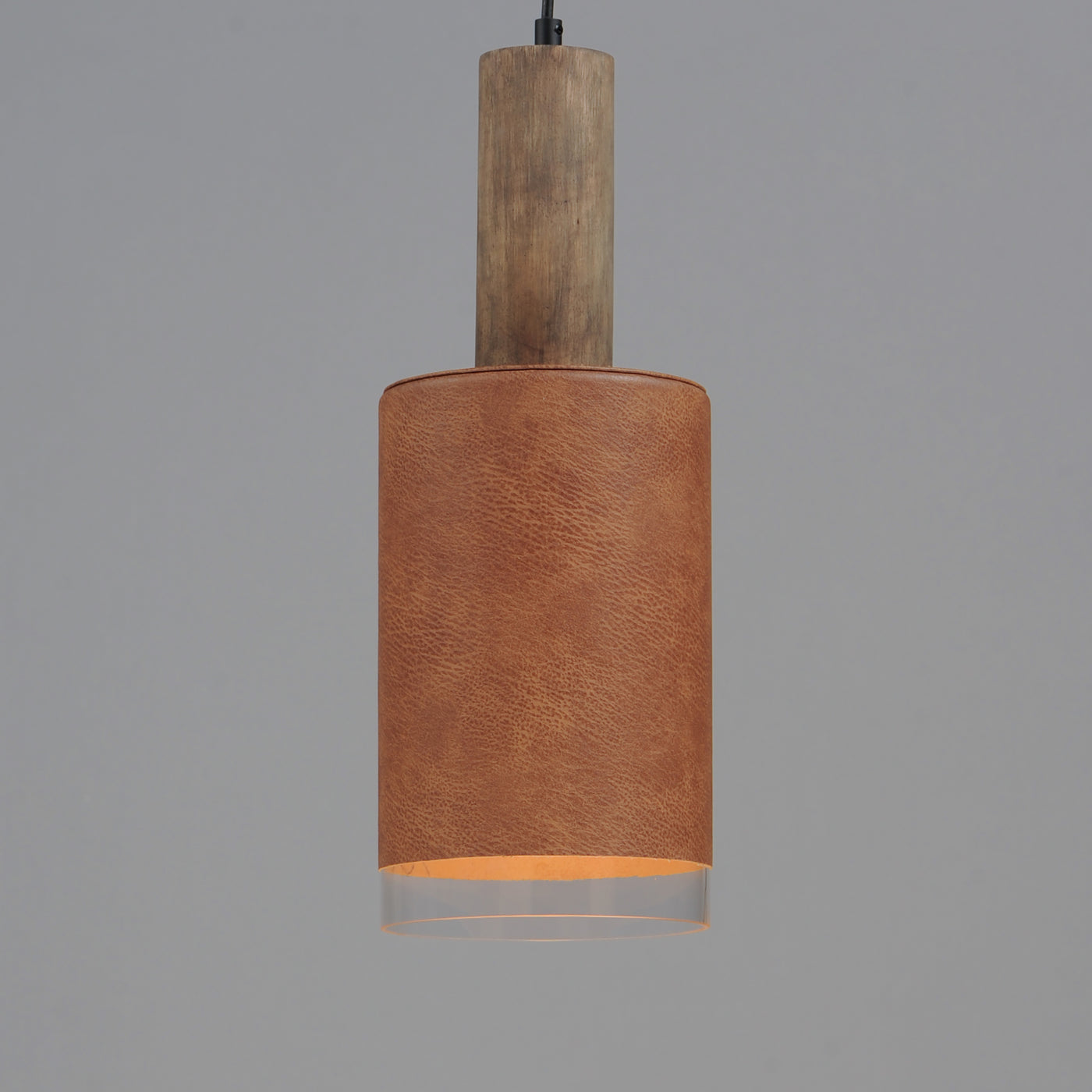 Weathered Wood and Tan Leather with Clear Glass Shade Pendant