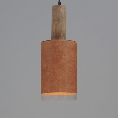 Weathered Wood and Tan Leather with Clear Glass Shade Pendant