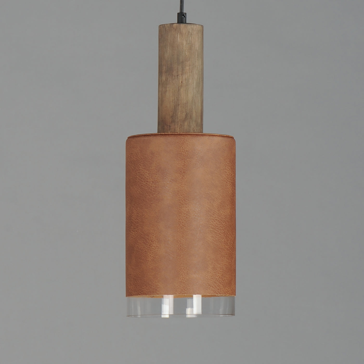 Weathered Wood and Tan Leather with Clear Glass Shade Pendant