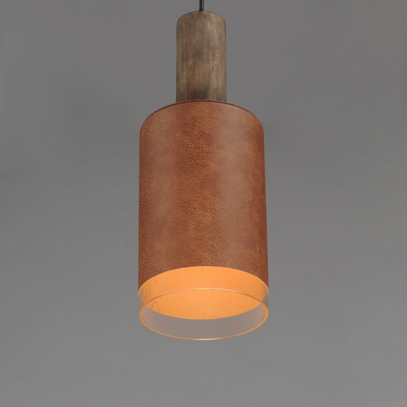 Weathered Wood and Tan Leather with Clear Glass Shade Pendant
