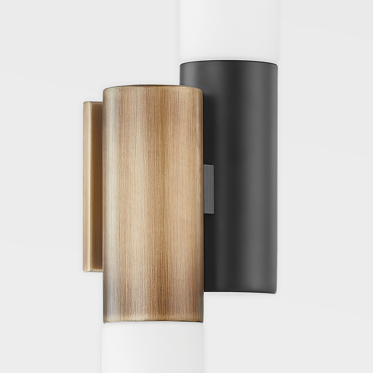 Patina Brass and Soft Black Frame with Cylindrical Opal Etched Glass Shade Wall Sconce
