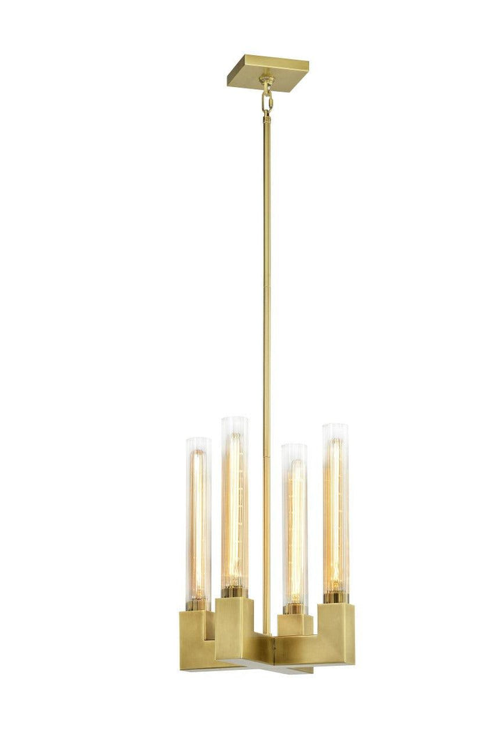 Aged Brass Frame with Clear Ribbed Cylindrical Glass Pendant - LV LIGHTING