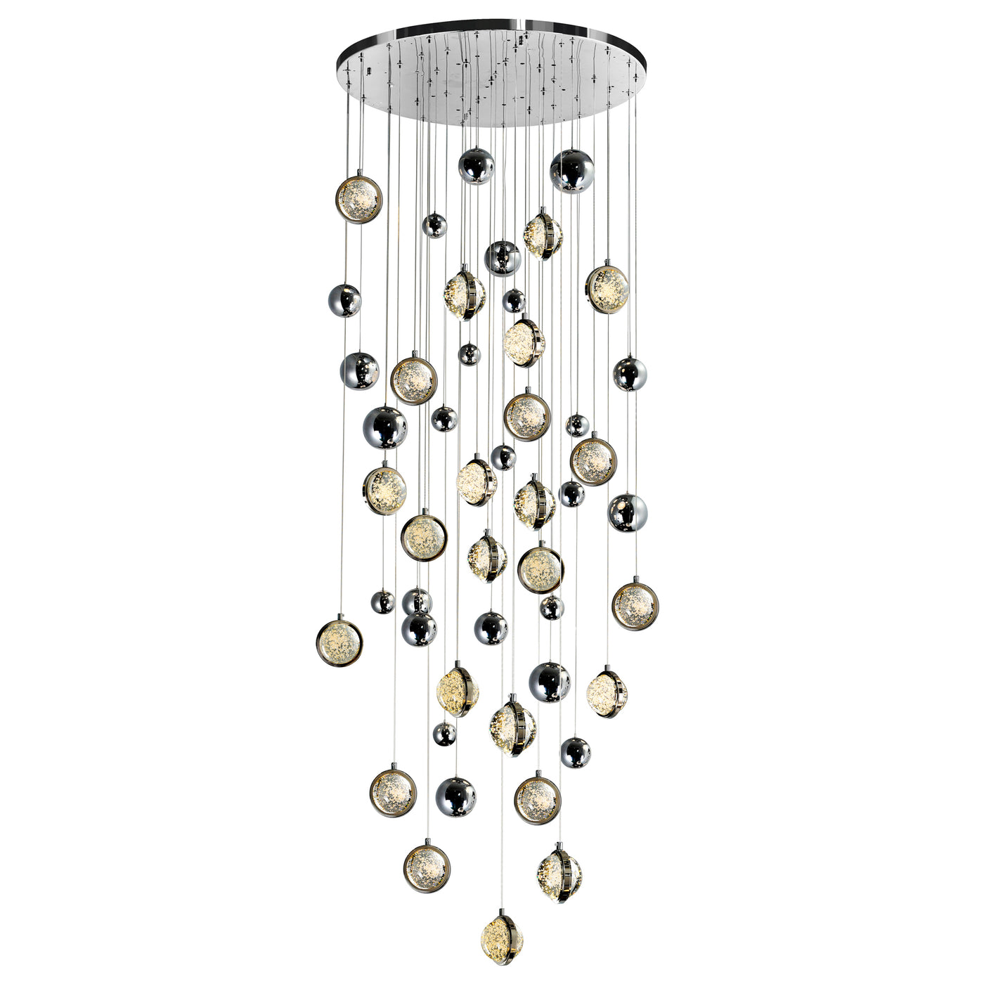 LED Polished Nickel Frame with Bubble Crystal and Chrome Globe Chandelier
