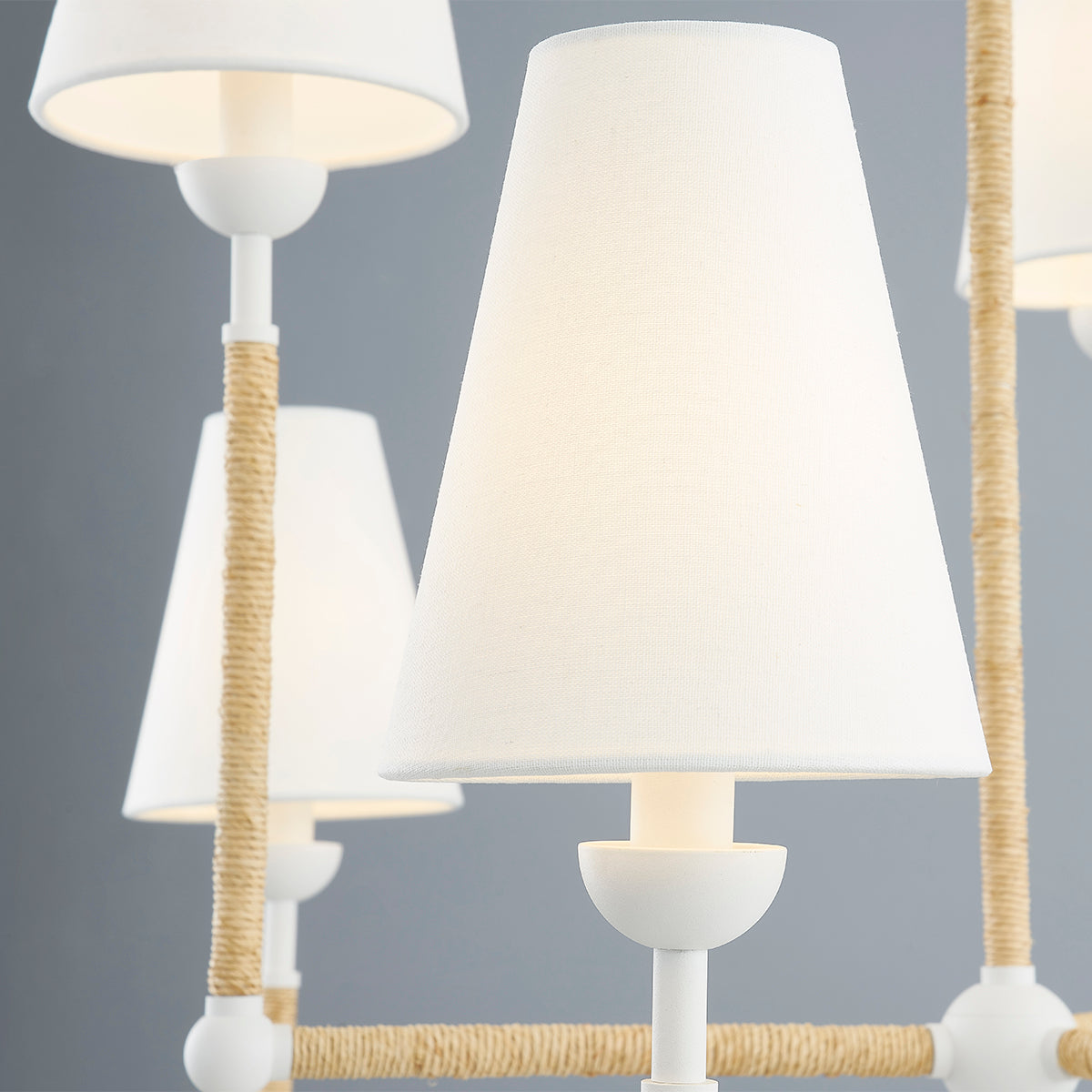 Textured White and Raffia Wrapped Frame with Belgian Linen Shade 2 Tier Chandelier