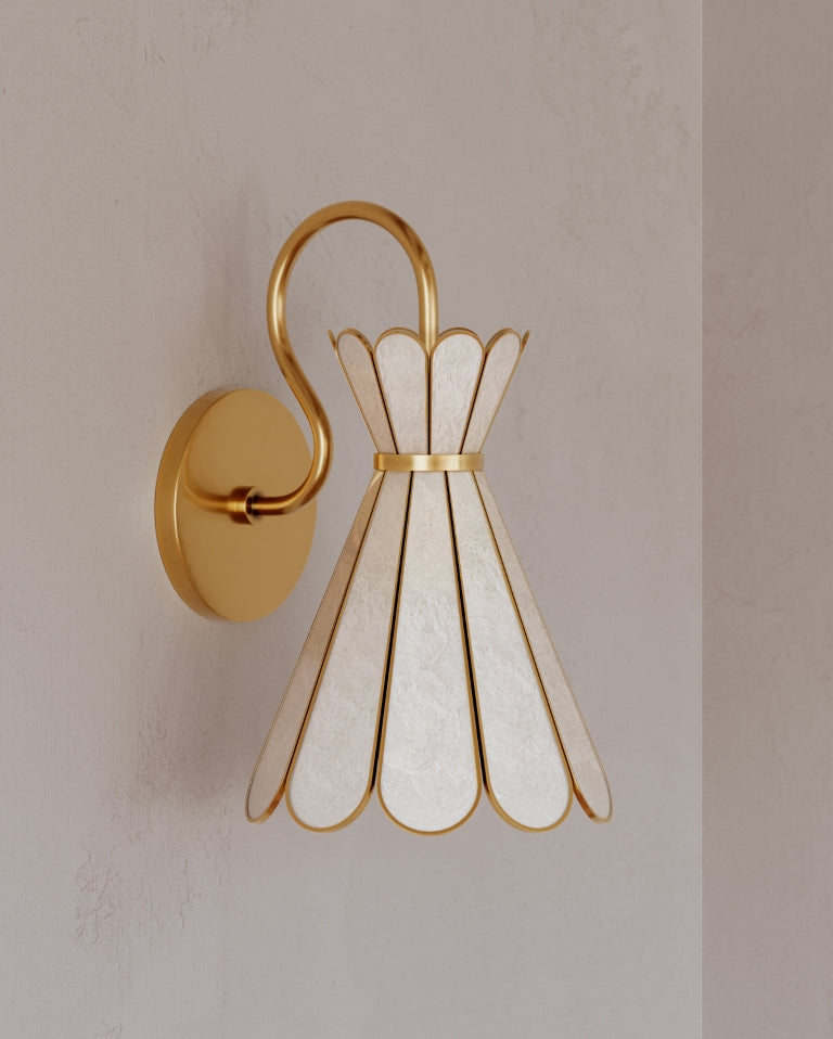 Aged Brass Frame Curve Arm with Capiz Shade Wall Sconce