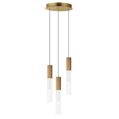 LED Gold Frame with Clear Cylindrical Ribbed Glass Shade Pendant - LV LIGHTING