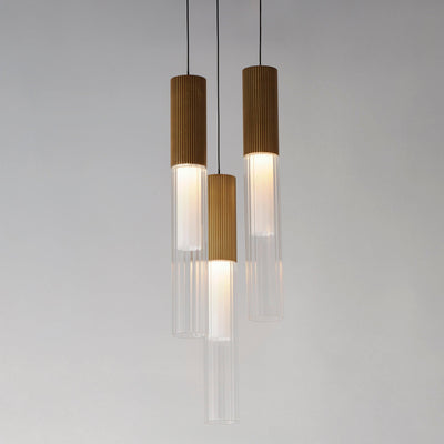 LED Gold Frame with Clear Cylindrical Ribbed Glass Shade Pendant - LV LIGHTING