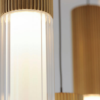 LED Gold Frame with Clear Cylindrical Ribbed Glass Shade Pendant - LV LIGHTING