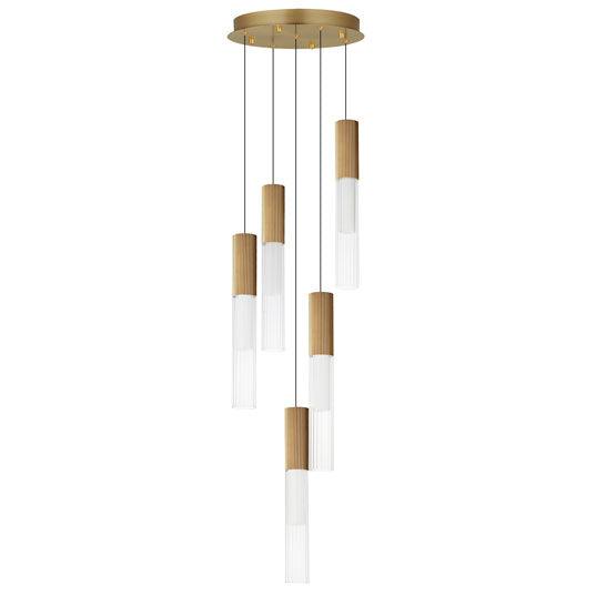 LED Gold Frame with Clear Cylindrical Ribbed Glass Shade Pendant - LV LIGHTING