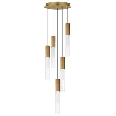 LED Gold Frame with Clear Cylindrical Ribbed Glass Shade Pendant - LV LIGHTING