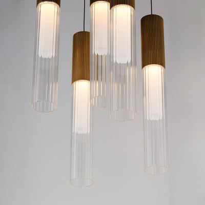 LED Gold Frame with Clear Cylindrical Ribbed Glass Shade Pendant - LV LIGHTING