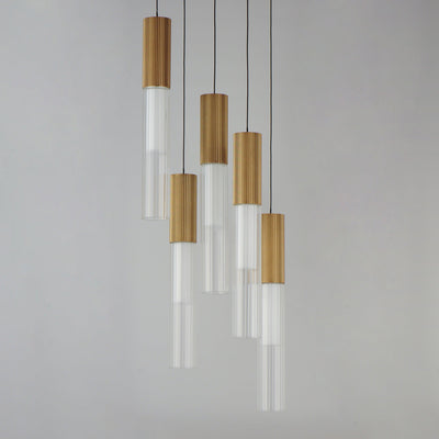 LED Gold Frame with Clear Cylindrical Ribbed Glass Shade Pendant - LV LIGHTING