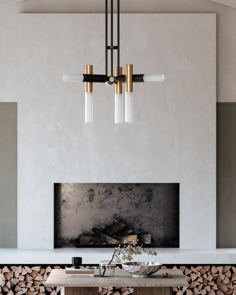 Patina Brass and Soft Black Frame with Cylindrical Opal Etched Glass Shade Chandelier