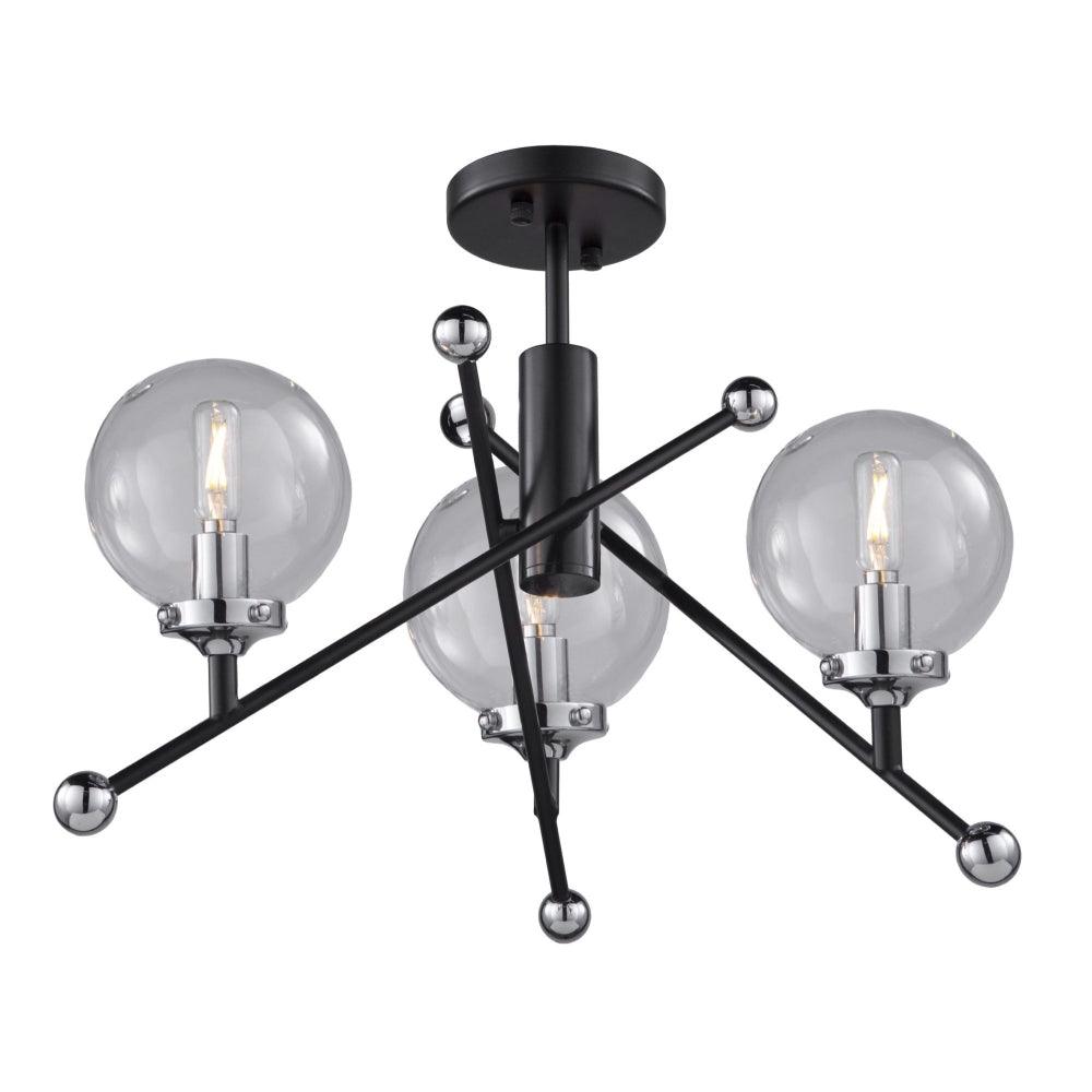 Matte Black and Chrome Arm with Clear Glass Globe Flush Mount - LV LIGHTING
