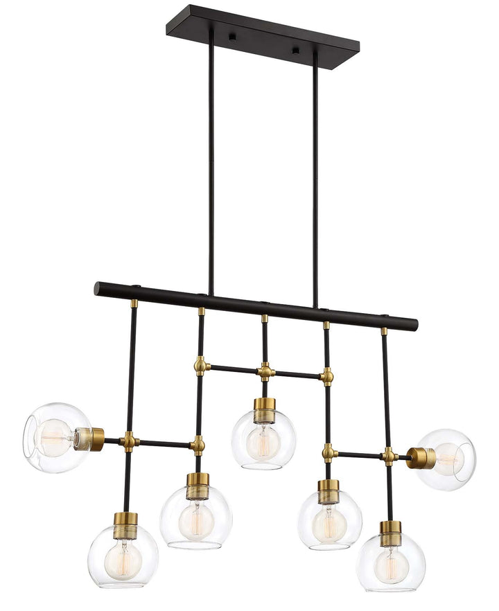 Steel Rod Arm with Clear Glass Shade Linear Chandelier in Polished Brass with Matte Black by Zeev