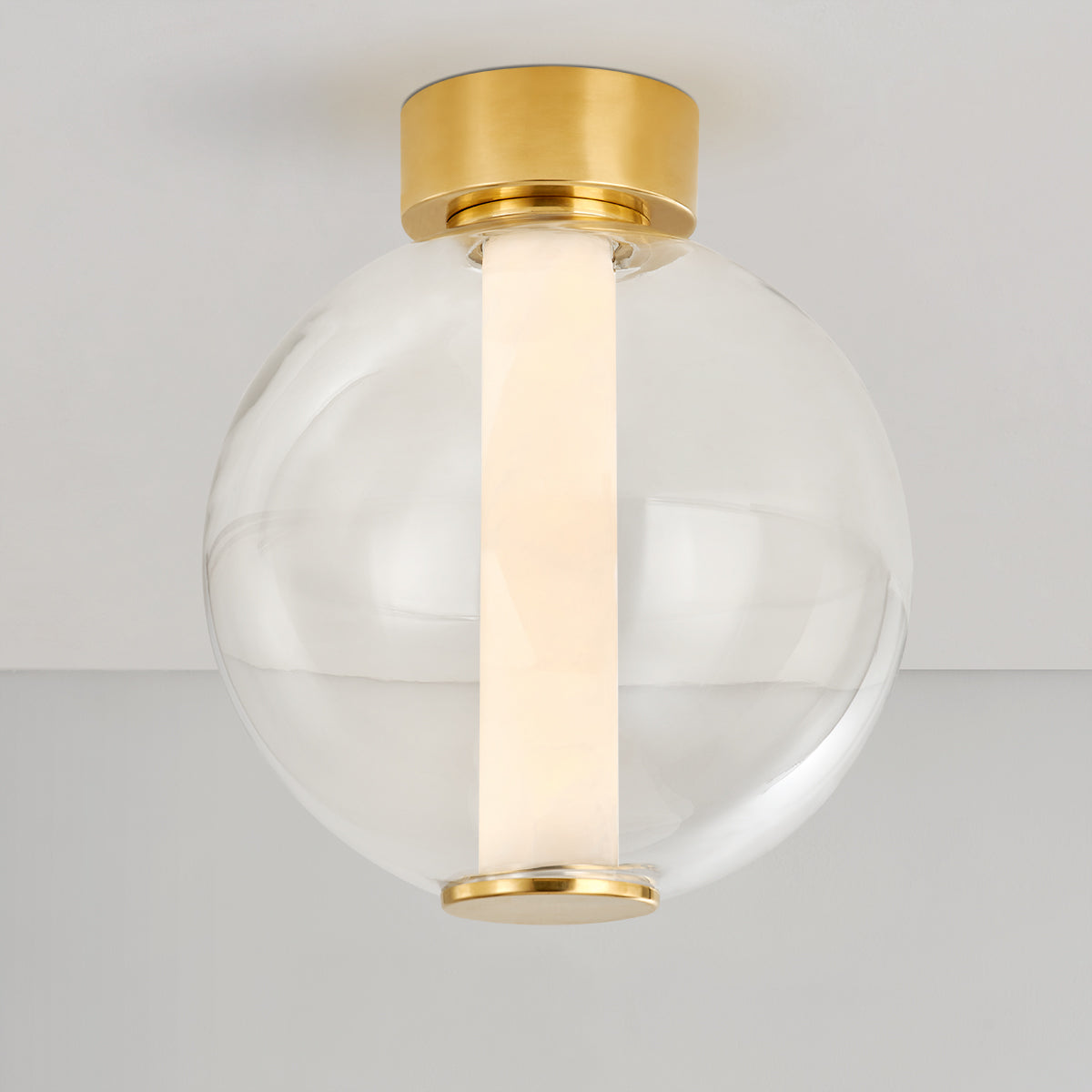 LED Vintage Brass Frame and Clear Glass Globe with Cylindrical Alabaster Diffuser Flush Mount