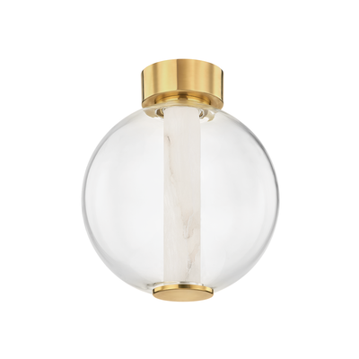 LED Vintage Brass Frame and Clear Glass Globe with Cylindrical Alabaster Diffuser Flush Mount