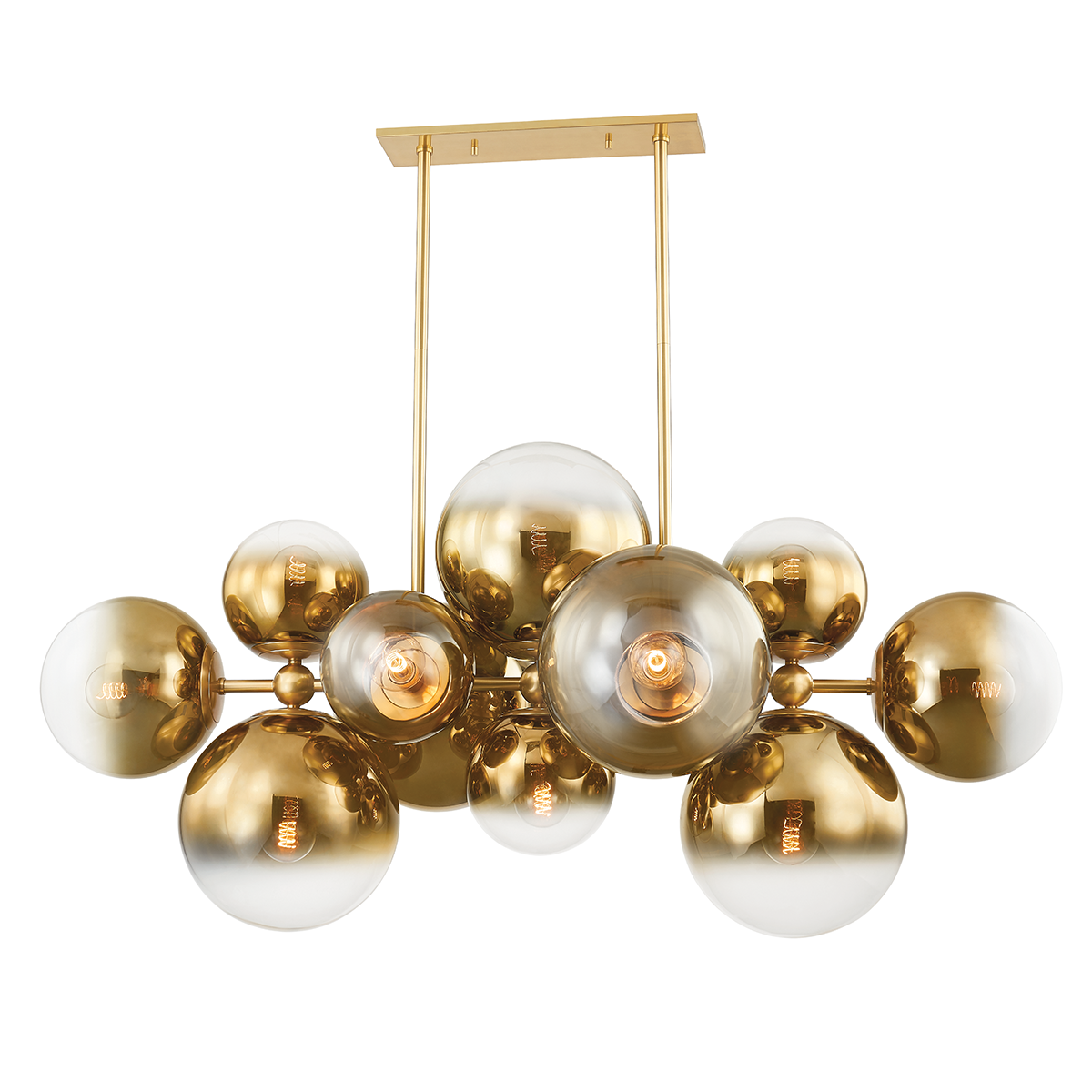 Vintage Polished Brass with Clear and Brass Plated Ombre Glass Shade Linear Chandelier