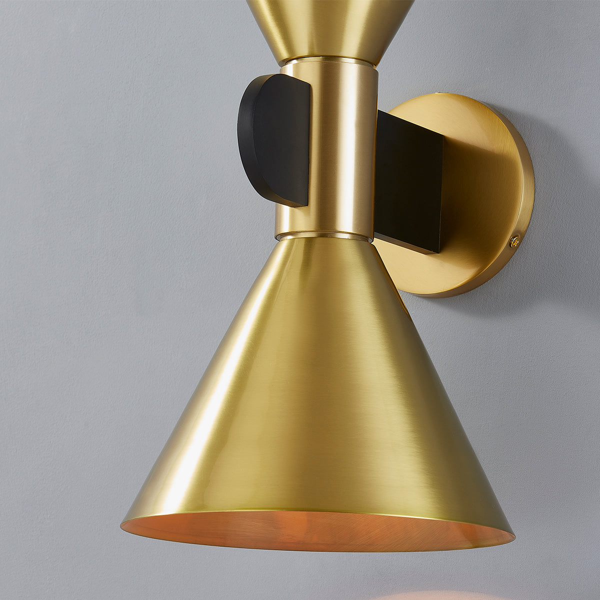 Rounded Black Beam wit Aged Brass Conical Shade 2 Light Wall Sconce