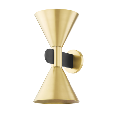 Rounded Black Beam wit Aged Brass Conical Shade 2 Light Wall Sconce