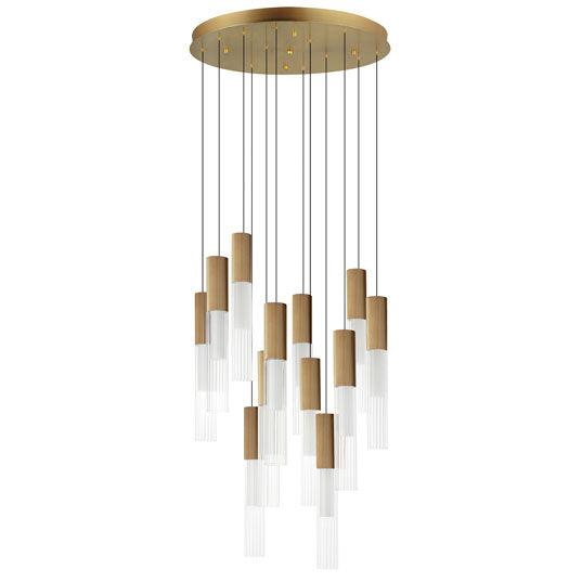 LED Gold Frame with Clear Cylindrical Ribbed Glass Shade Chandelier - LV LIGHTING
