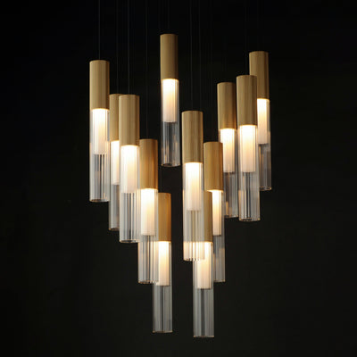 LED Gold Frame with Clear Cylindrical Ribbed Glass Shade Chandelier - LV LIGHTING