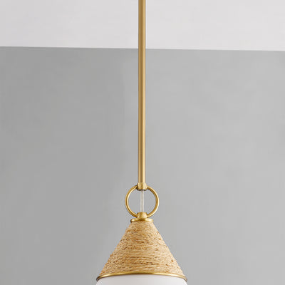 Aged Brass Frame with Raffia Wrapped Textured White Shade Pendant