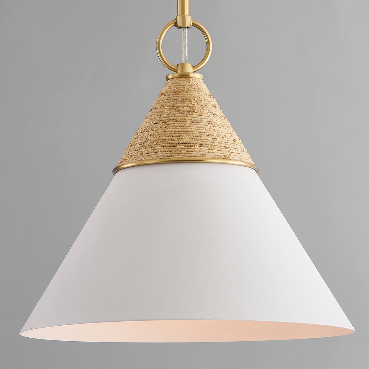 Aged Brass Frame with Raffia Wrapped Textured White Shade Pendant