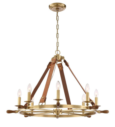 Aged Brass Frame with Leather Strap and Stained Wood Chandelier - LV LIGHTING