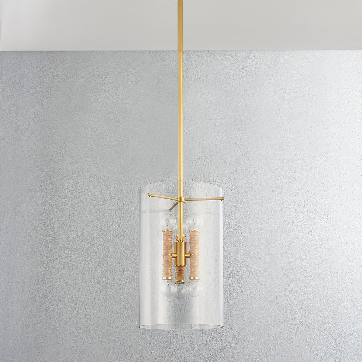 Aged Brass Frame Rattan Wrapped with Clear Cylindrical Glass Shade Pendant